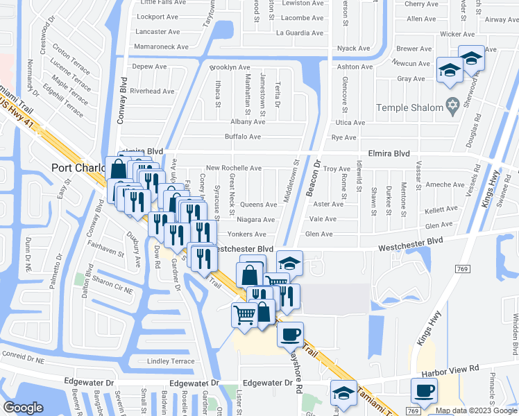 map of restaurants, bars, coffee shops, grocery stores, and more near 22323 Queens Avenue in Port Charlotte