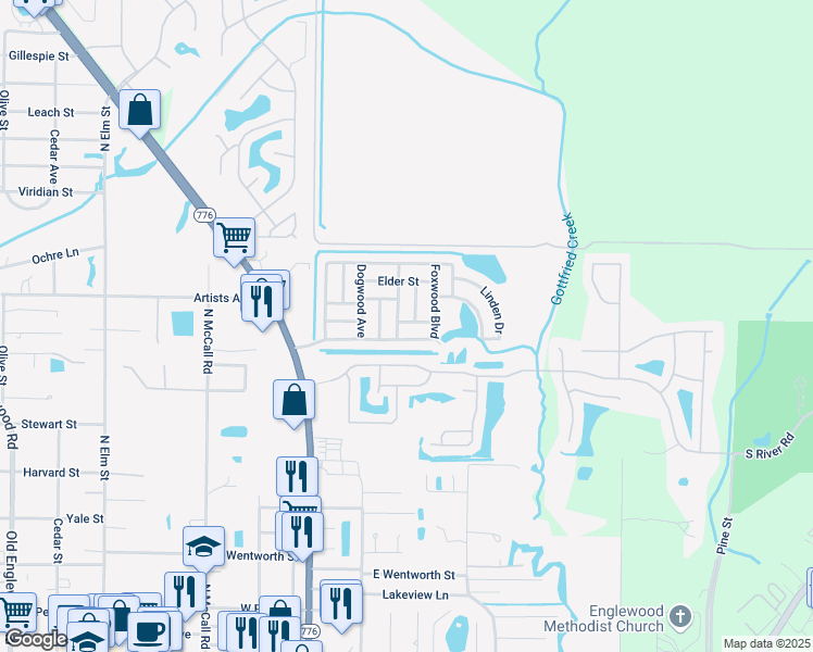 map of restaurants, bars, coffee shops, grocery stores, and more near 604 Bramblewood Lane in Englewood