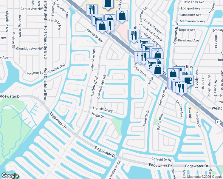 map of restaurants, bars, coffee shops, grocery stores, and more near 121 Concord Drive Northeast in Port Charlotte