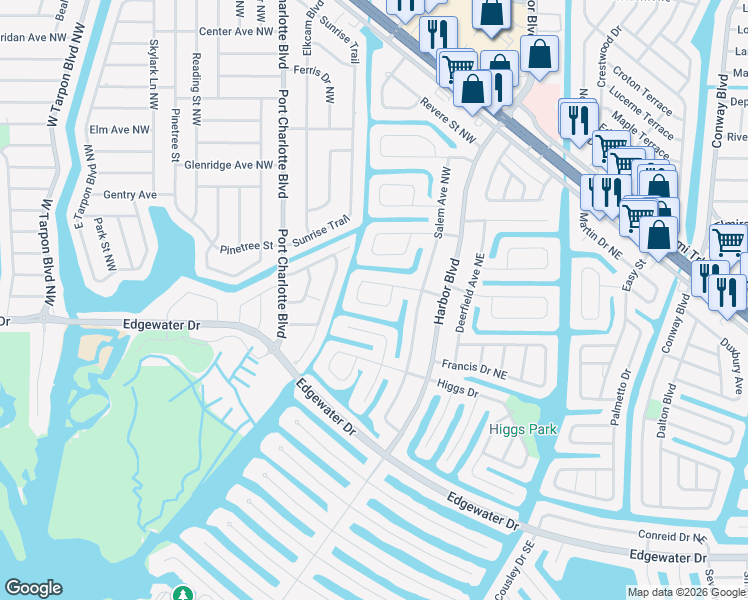 map of restaurants, bars, coffee shops, grocery stores, and more near 167 Easton Drive Northwest in Port Charlotte