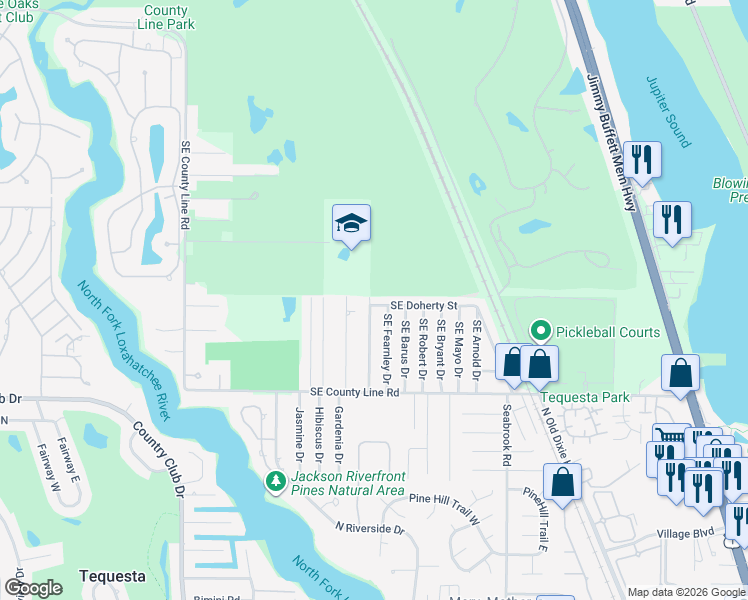map of restaurants, bars, coffee shops, grocery stores, and more near 18909 Southeast Homewood Avenue in Jupiter