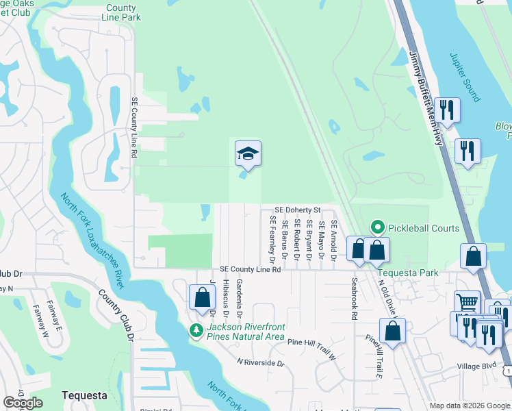 map of restaurants, bars, coffee shops, grocery stores, and more near 18909 Southeast Homewood Avenue in Jupiter
