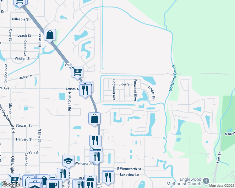 map of restaurants, bars, coffee shops, grocery stores, and more near 612 Apple Lane in Englewood
