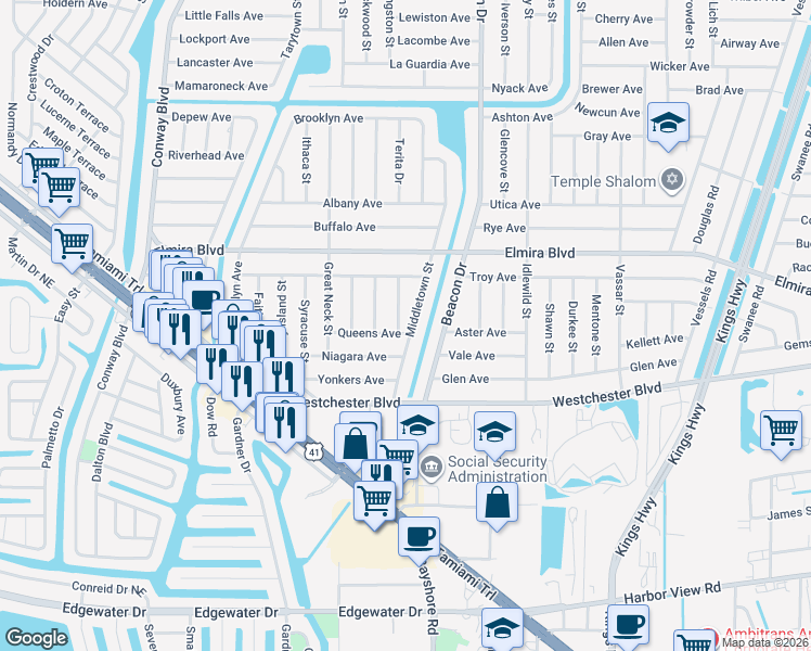 map of restaurants, bars, coffee shops, grocery stores, and more near 22366 Queens Avenue in Port Charlotte