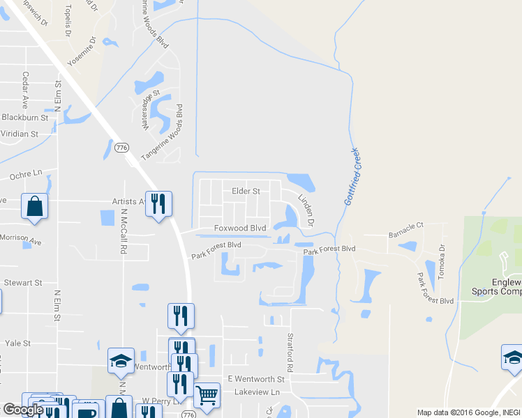 map of restaurants, bars, coffee shops, grocery stores, and more near 604 Bramblewood Lane in Englewood