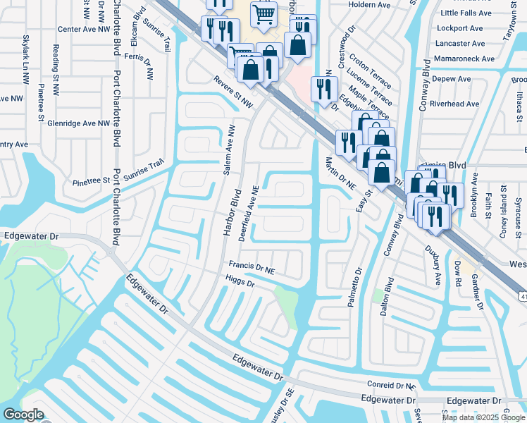 map of restaurants, bars, coffee shops, grocery stores, and more near 116 Concord Drive Northeast in Port Charlotte
