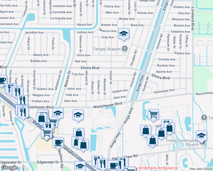 map of restaurants, bars, coffee shops, grocery stores, and more near 3494 Mentone Street in Port Charlotte