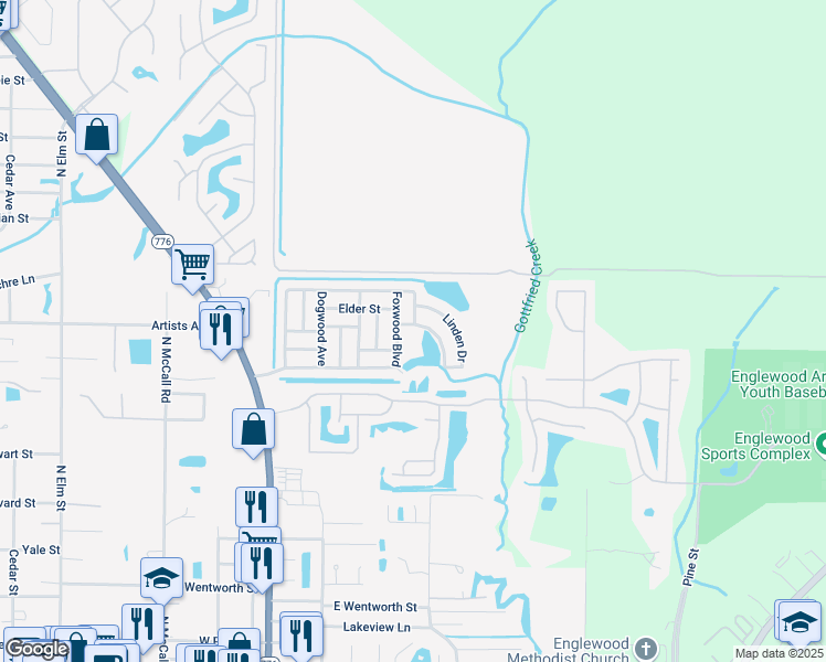 map of restaurants, bars, coffee shops, grocery stores, and more near 607 Linden Drive in Englewood
