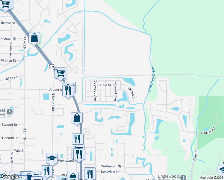 map of restaurants, bars, coffee shops, grocery stores, and more near 604 Bramblewood Lane in Englewood