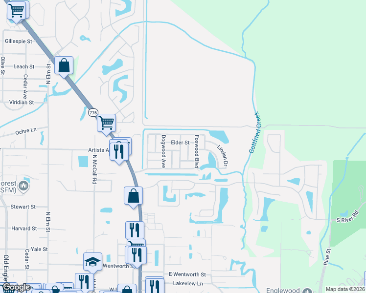 map of restaurants, bars, coffee shops, grocery stores, and more near 612 Apple Lane in Englewood
