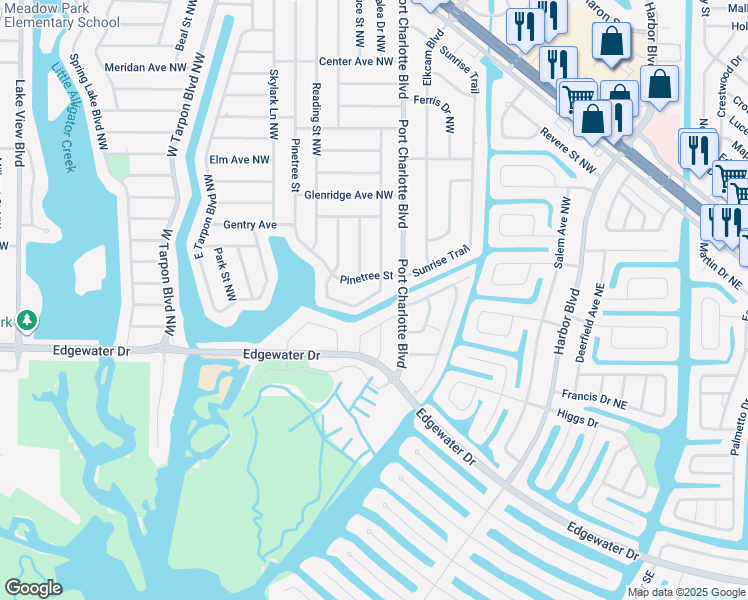 map of restaurants, bars, coffee shops, grocery stores, and more near 175 North Waterway Drive Northwest in Port Charlotte