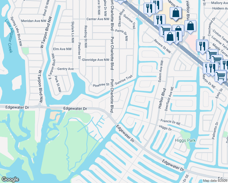 map of restaurants, bars, coffee shops, grocery stores, and more near 3538 Sunrise Trail in Port Charlotte
