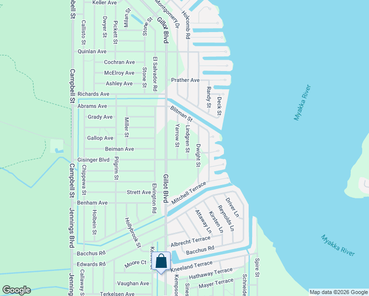 map of restaurants, bars, coffee shops, grocery stores, and more near 3478 Lindgren Street in Port Charlotte