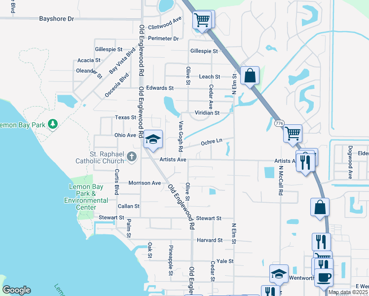 map of restaurants, bars, coffee shops, grocery stores, and more near Madder Lane in Englewood