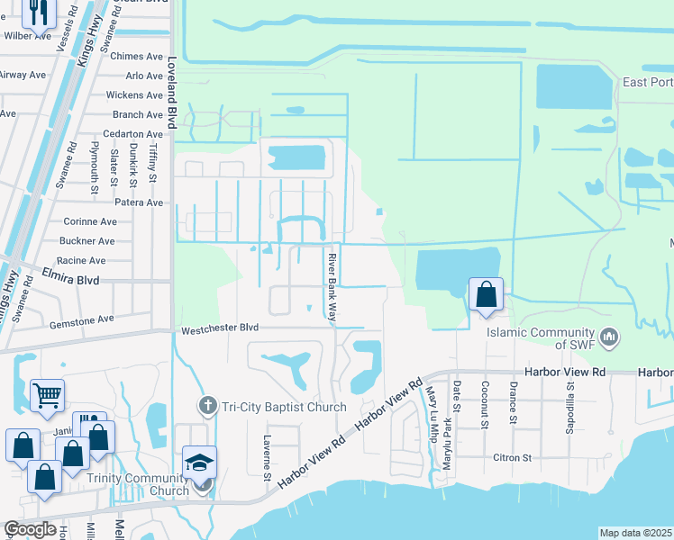 map of restaurants, bars, coffee shops, grocery stores, and more near 4205 River Bank Way in Punta Gorda