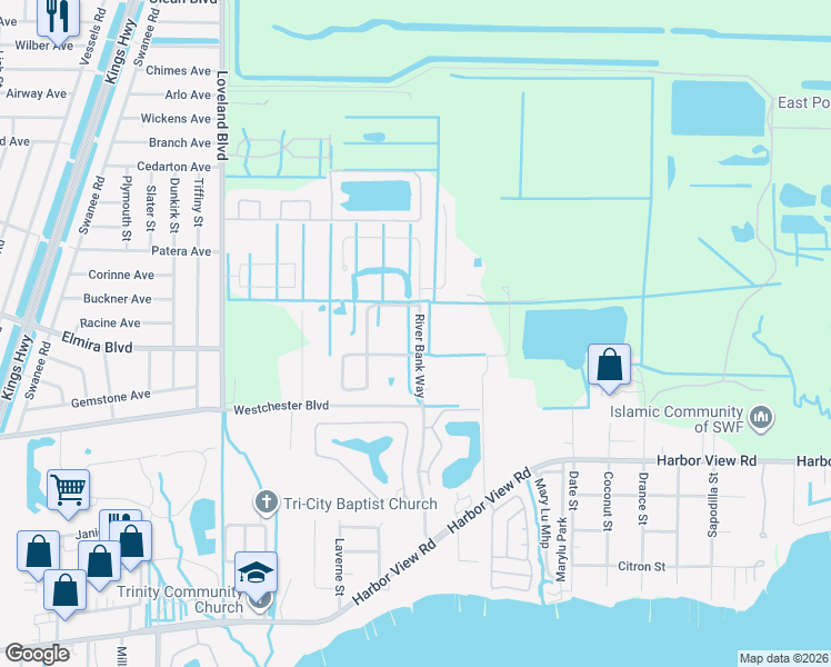 map of restaurants, bars, coffee shops, grocery stores, and more near 4205 River Bank Way in Punta Gorda