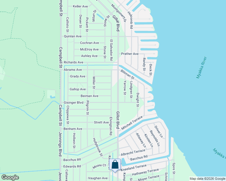 map of restaurants, bars, coffee shops, grocery stores, and more near 3480 Elvington Road in Port Charlotte