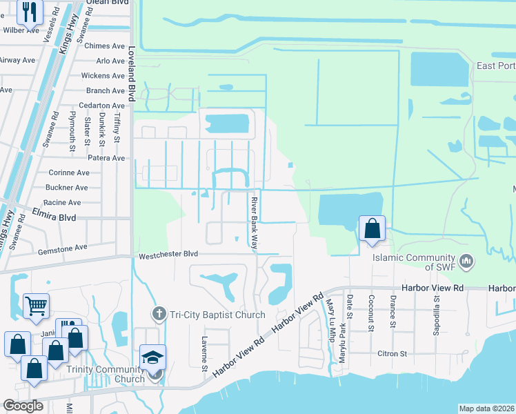 map of restaurants, bars, coffee shops, grocery stores, and more near 4205 River Bank Way in Punta Gorda
