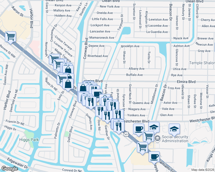 map of restaurants, bars, coffee shops, grocery stores, and more near 22174 New Rochelle Avenue in Port Charlotte