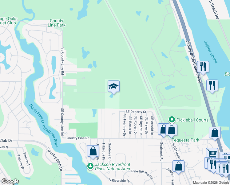 map of restaurants, bars, coffee shops, grocery stores, and more near 11301 Southeast Tequesta Terrace in Jupiter