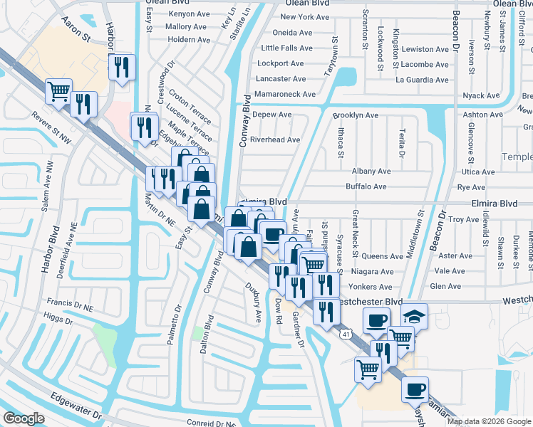 map of restaurants, bars, coffee shops, grocery stores, and more near 3528 Depew Avenue in Port Charlotte
