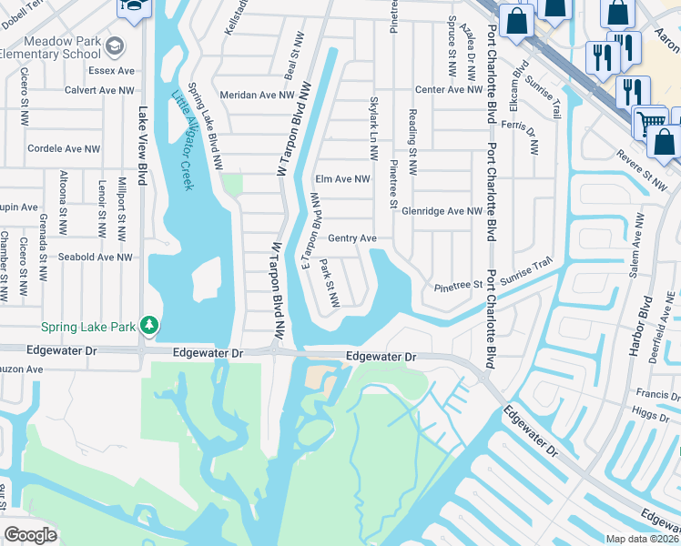 map of restaurants, bars, coffee shops, grocery stores, and more near 281 Park Street Northwest in Port Charlotte