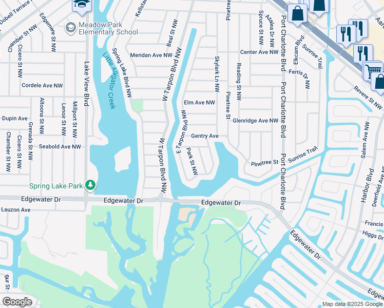 map of restaurants, bars, coffee shops, grocery stores, and more near 217 Park Street Northwest in Port Charlotte