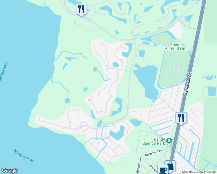 map of restaurants, bars, coffee shops, grocery stores, and more near 3377 Pennyroyal Road in Port Charlotte