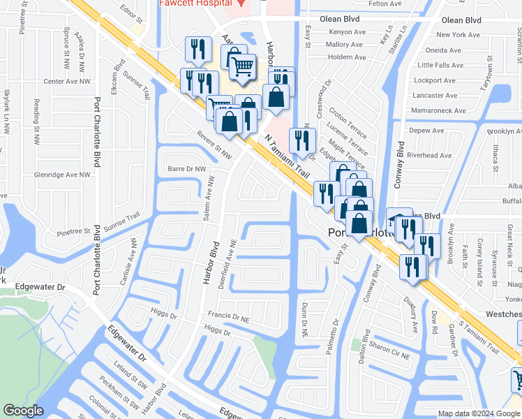 map of restaurants, bars, coffee shops, grocery stores, and more near 118 Arlington Court Northeast in Port Charlotte