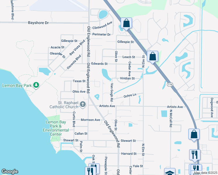 map of restaurants, bars, coffee shops, grocery stores, and more near 865 Harmony Lane in Englewood