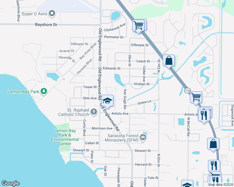 map of restaurants, bars, coffee shops, grocery stores, and more near 865 Harmony Lane in Englewood