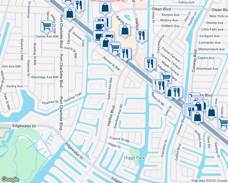 map of restaurants, bars, coffee shops, grocery stores, and more near 3425 Harbor Boulevard in Port Charlotte