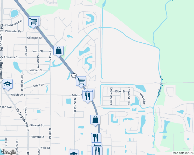 map of restaurants, bars, coffee shops, grocery stores, and more near 729 Butterfield Circle in Englewood