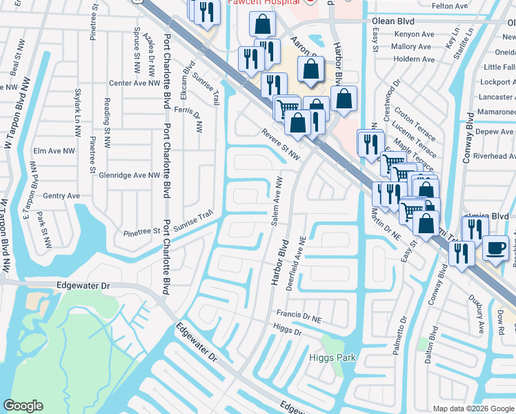 map of restaurants, bars, coffee shops, grocery stores, and more near 117 Cambridge Drive Northwest in Port Charlotte