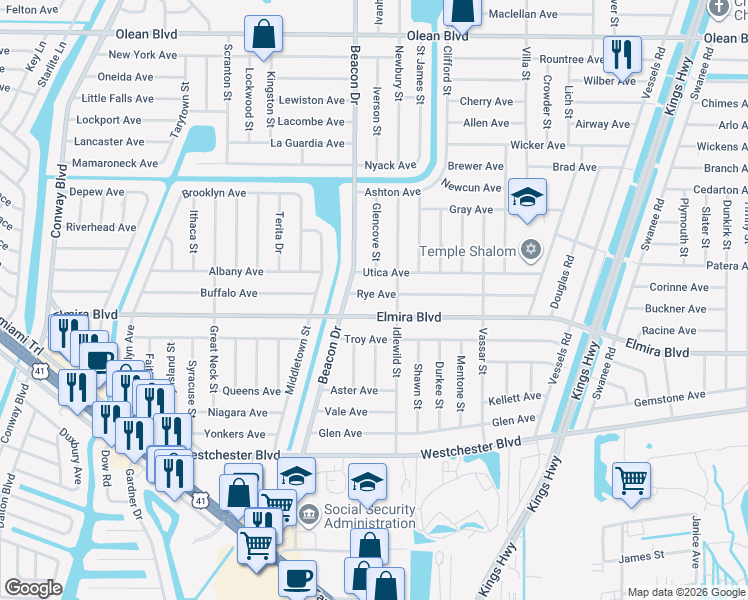 map of restaurants, bars, coffee shops, grocery stores, and more near 22539 Rye Avenue in Port Charlotte