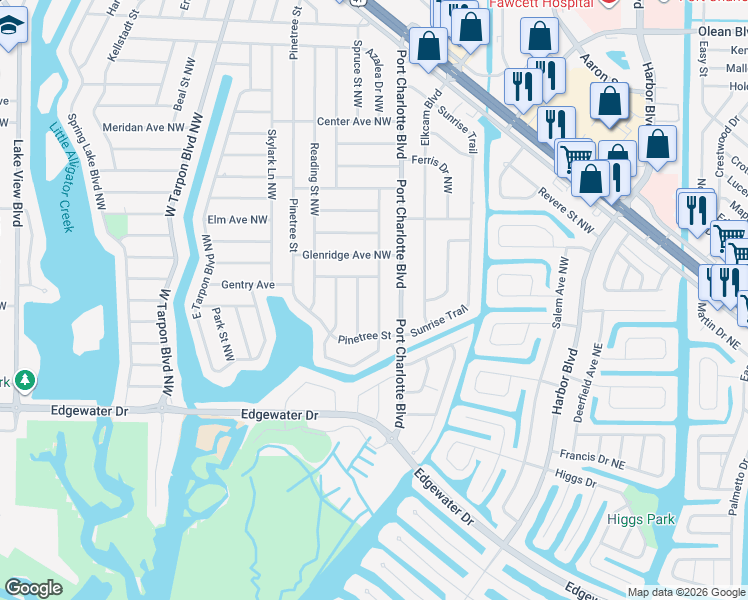 map of restaurants, bars, coffee shops, grocery stores, and more near 241 Shadow Street Northwest in Port Charlotte