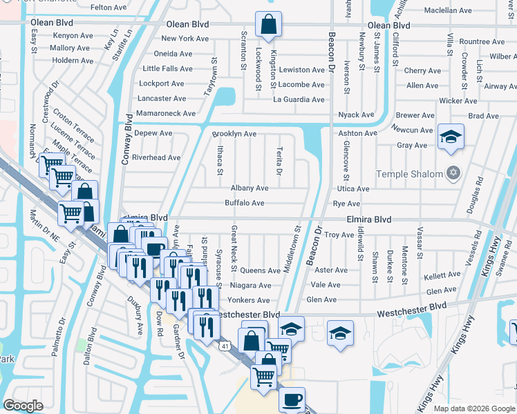map of restaurants, bars, coffee shops, grocery stores, and more near 22337 Buffalo Avenue in Port Charlotte