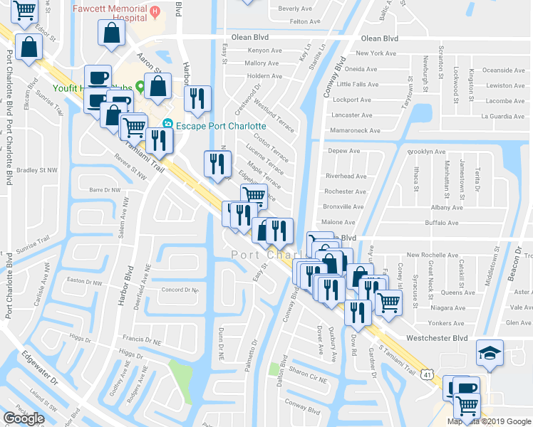 map of restaurants, bars, coffee shops, grocery stores, and more near 3437 Normandy Drive in Port Charlotte