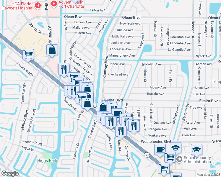 map of restaurants, bars, coffee shops, grocery stores, and more near 22097 Bronxville Avenue in Port Charlotte