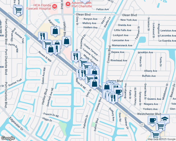 map of restaurants, bars, coffee shops, grocery stores, and more near 3413 Normandy Drive in Port Charlotte