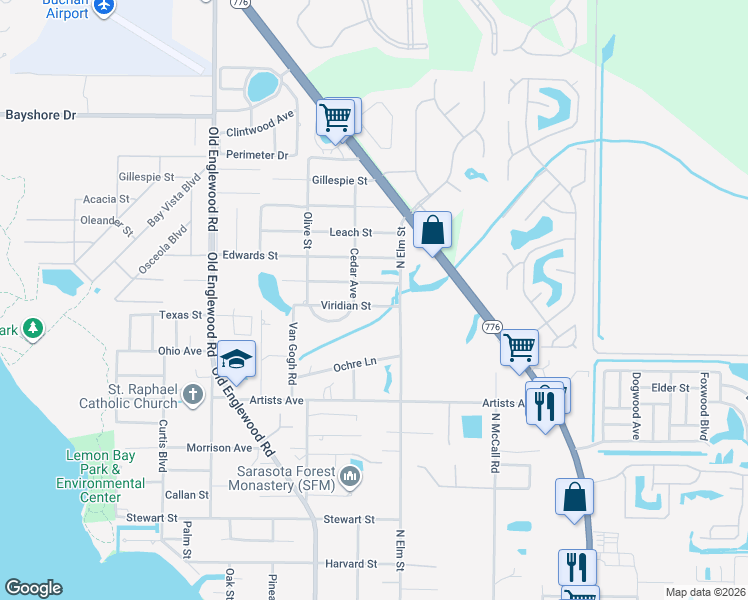 map of restaurants, bars, coffee shops, grocery stores, and more near 460 Viridian Street in Englewood