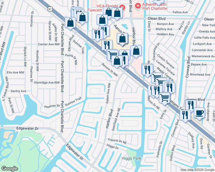 map of restaurants, bars, coffee shops, grocery stores, and more near 300 Salem Avenue Northwest in Port Charlotte