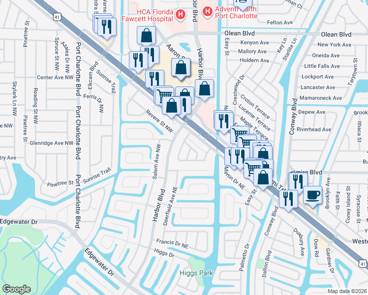 map of restaurants, bars, coffee shops, grocery stores, and more near 317 Lasayette Drive Northeast in Port Charlotte