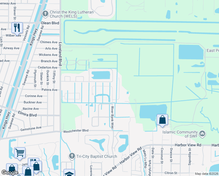 map of restaurants, bars, coffee shops, grocery stores, and more near 4065 River Bank Way in Punta Gorda