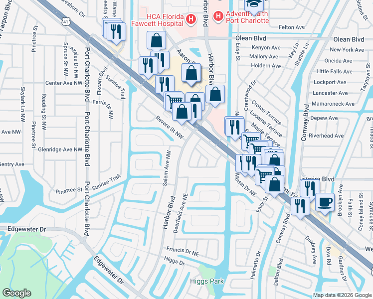 map of restaurants, bars, coffee shops, grocery stores, and more near 3356 Harbor Boulevard in Port Charlotte