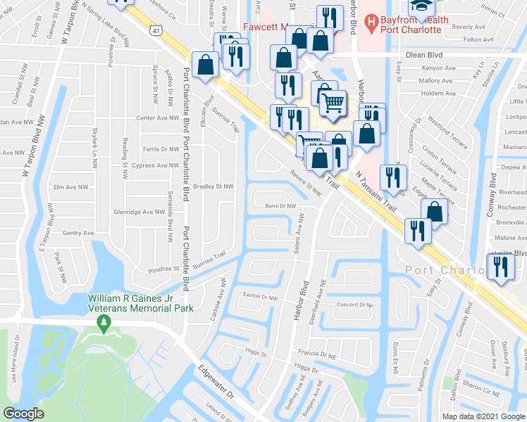 map of restaurants, bars, coffee shops, grocery stores, and more near 162 Cambridge Drive Northwest in Port Charlotte
