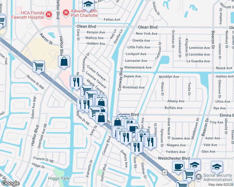 map of restaurants, bars, coffee shops, grocery stores, and more near 3325 Conway Boulevard in Port Charlotte
