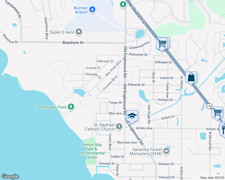 map of restaurants, bars, coffee shops, grocery stores, and more near 965 Osceola Boulevard in Englewood