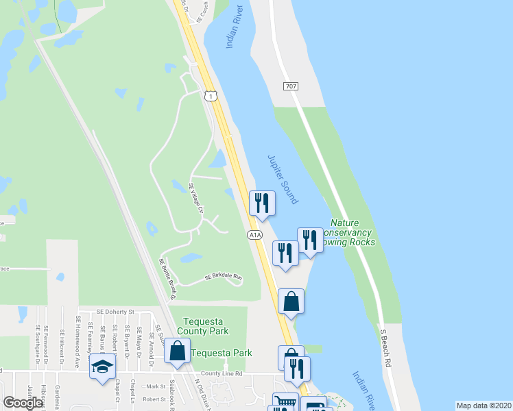 map of restaurants, bars, coffee shops, grocery stores, and more near 18455 Southeast Federal Highway in Jupiter