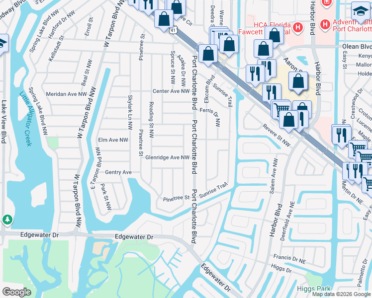 map of restaurants, bars, coffee shops, grocery stores, and more near 317 Seminole Boulevard Northwest in Port Charlotte